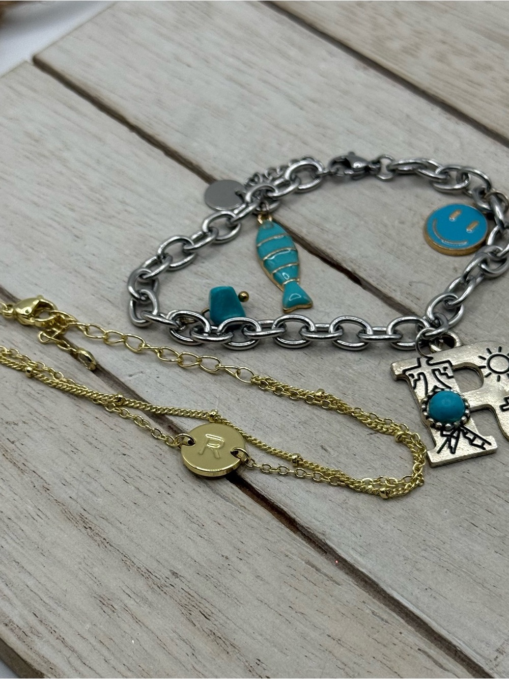 Set of two Letter “R” Turquoise Charm Bracelet and Gold Necklace Set